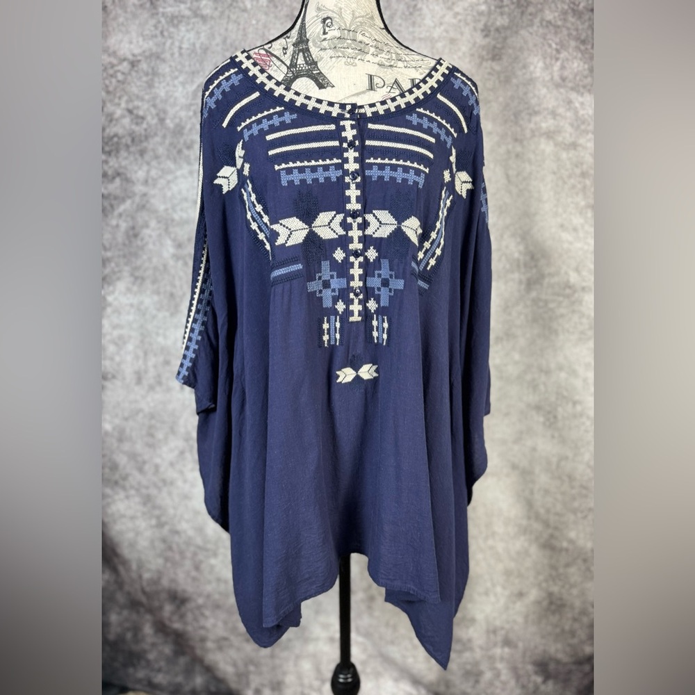 Monoreno Navy Boho Chic Tunic with Geometric Embroidery Linen Blend Size L - Picture 2 of 12